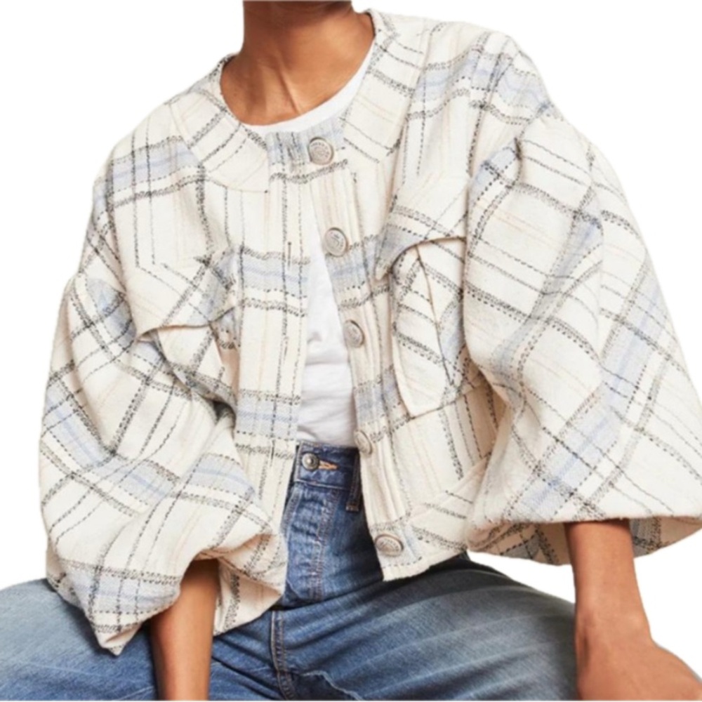 VERONICA BEARD Nikolai Plaid Bell-Sleeve Jacket – Size 2, Cream & Blue, EUC